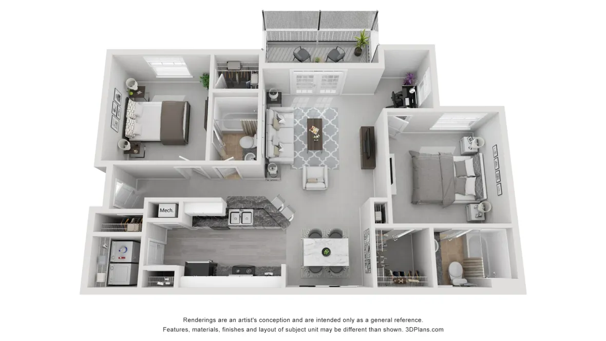 A 3D floor plan layout of our 2x2 floor plan, The Chelsea.