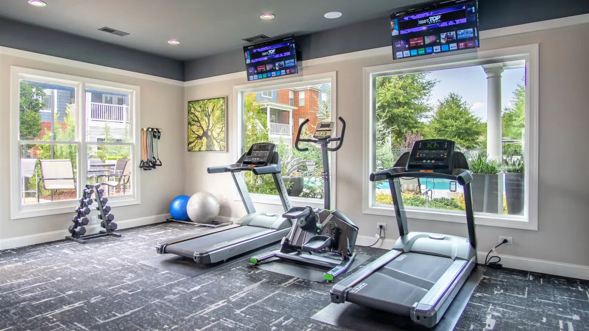 Fitness center overlooking the pool area with treadmills, an elliptical, stretch bands, and medicine balls.