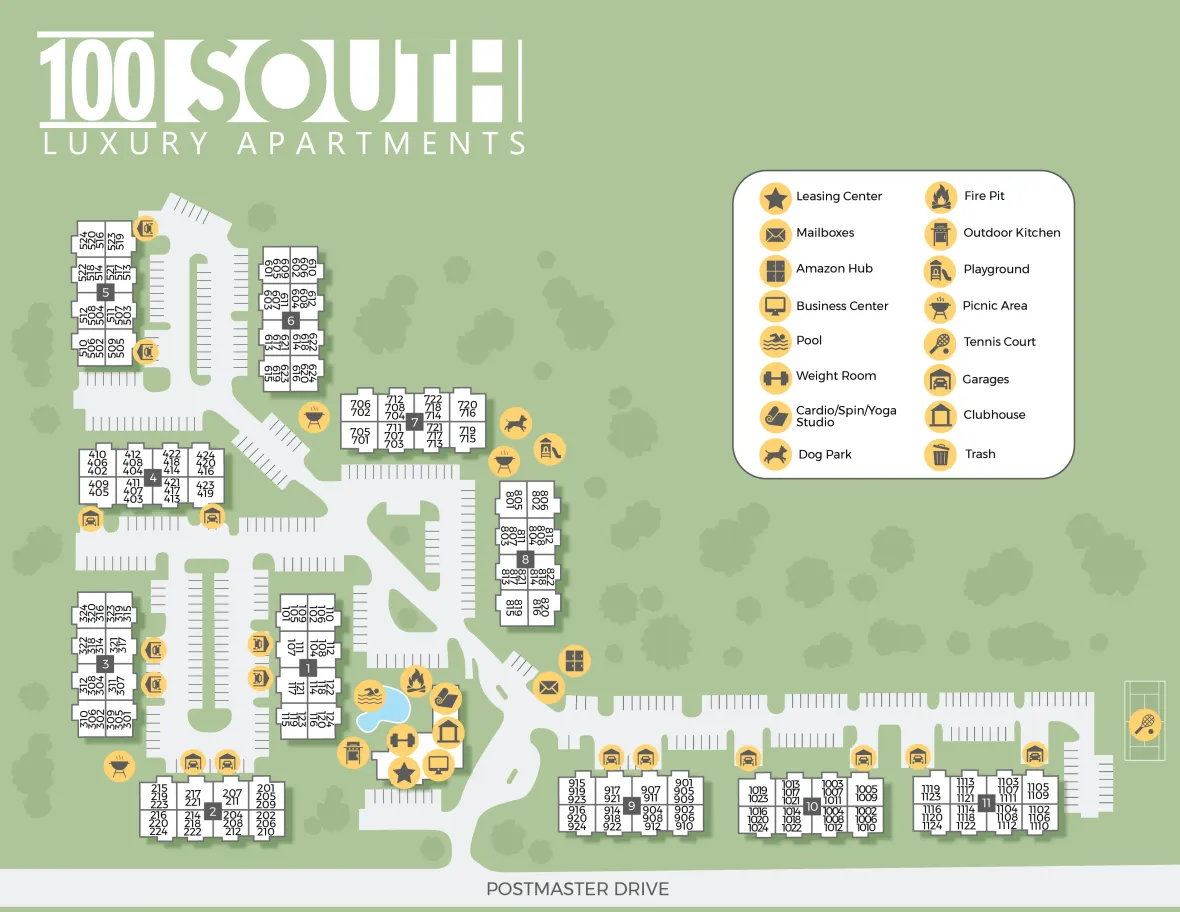 A property map of 100 South showing where all units, amenities, and parking is located.