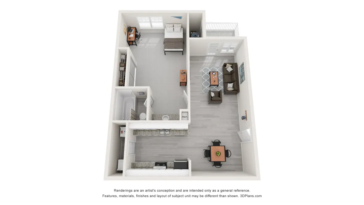 The Ave floor plan, one bed one bath. 