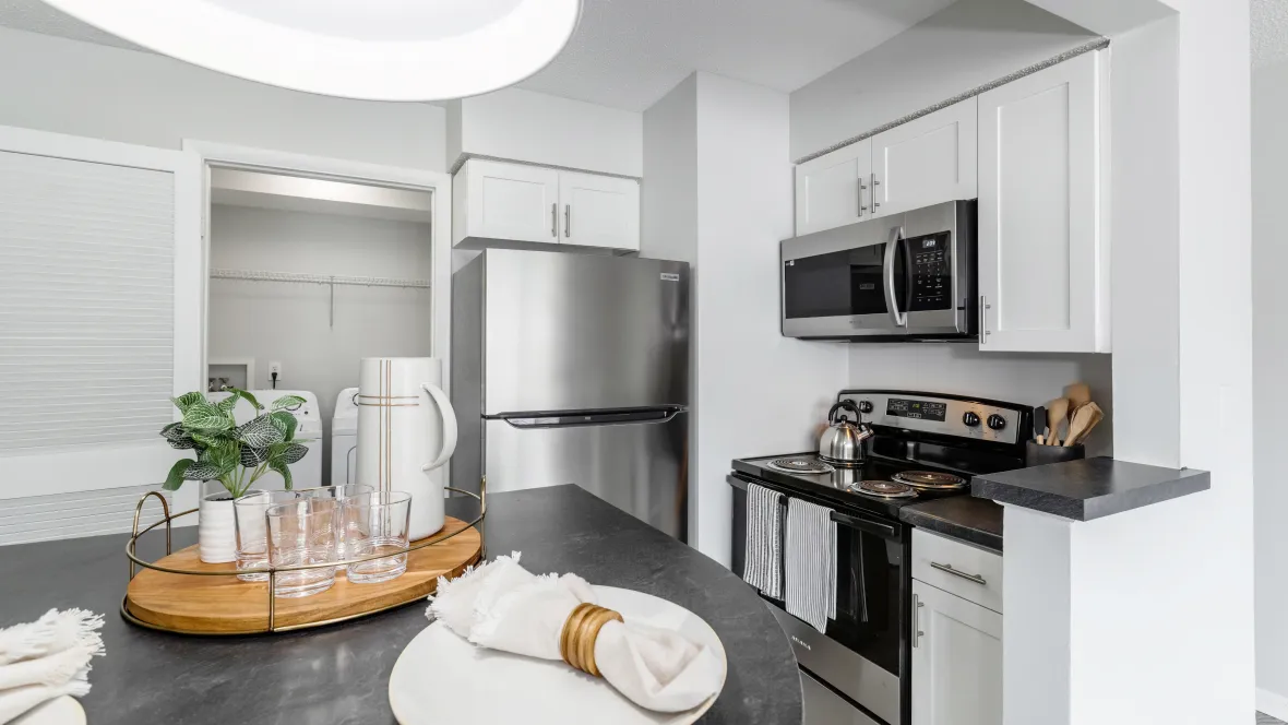 Abundant upper and lower white cabinets, offering a stylish yet functional touch to our 4x2 floor plan. 