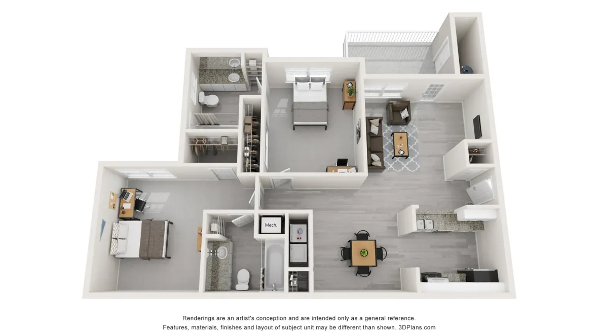 Floorplan for the Wright, two bed two bath. 