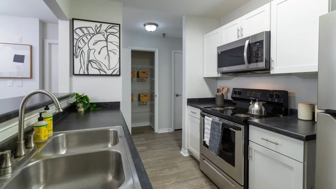 Renovated kitchen with abundant storage cabinets, drawers, and a pantry, and also includes stainless-steel appliances.