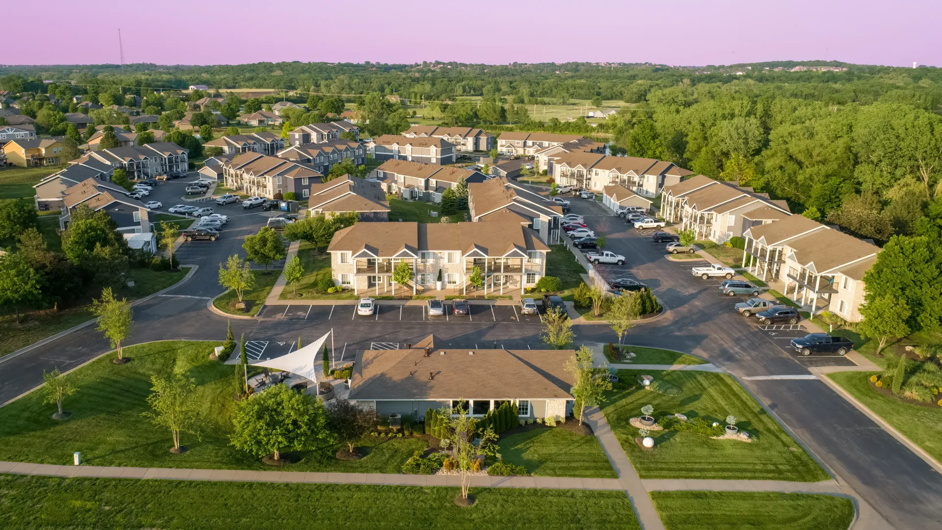 An awe-inspiring aerial view captures the Emory Lakes apartment community