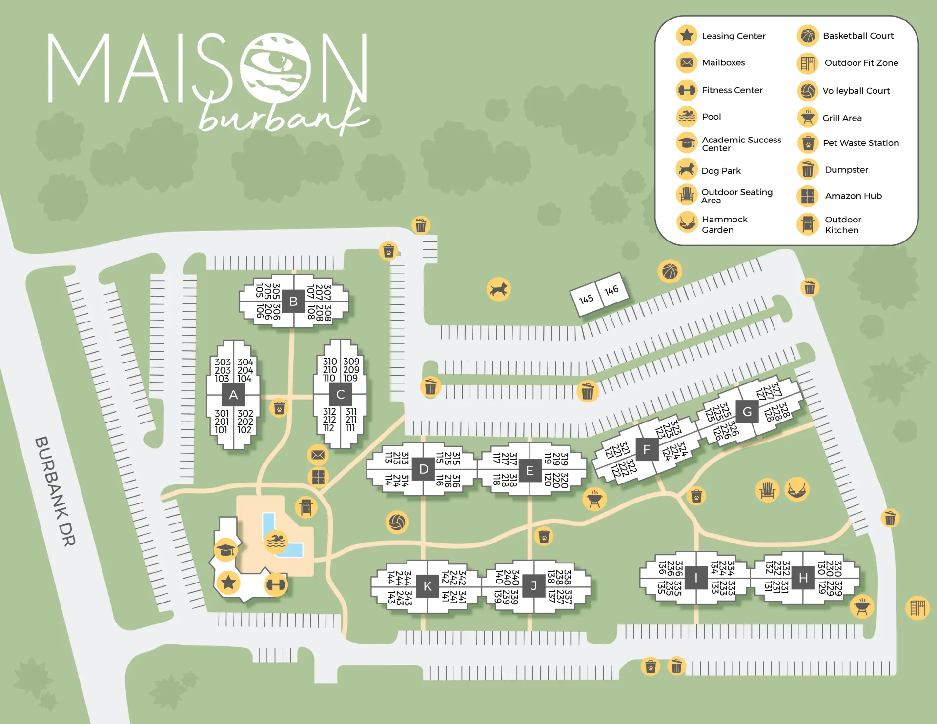 A property map of Maison Burbank showing the layout of the community.