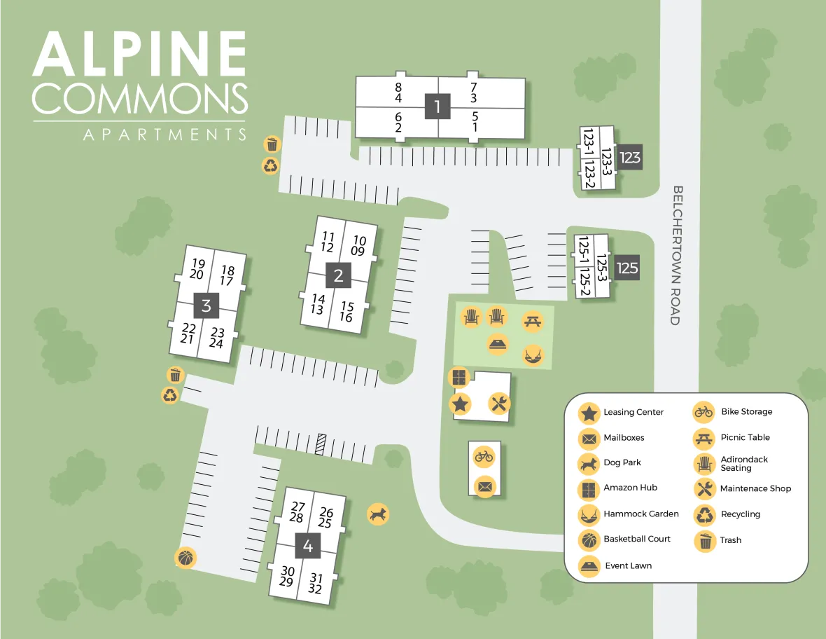 A property map of Alpine Commons showing the layout of the community.