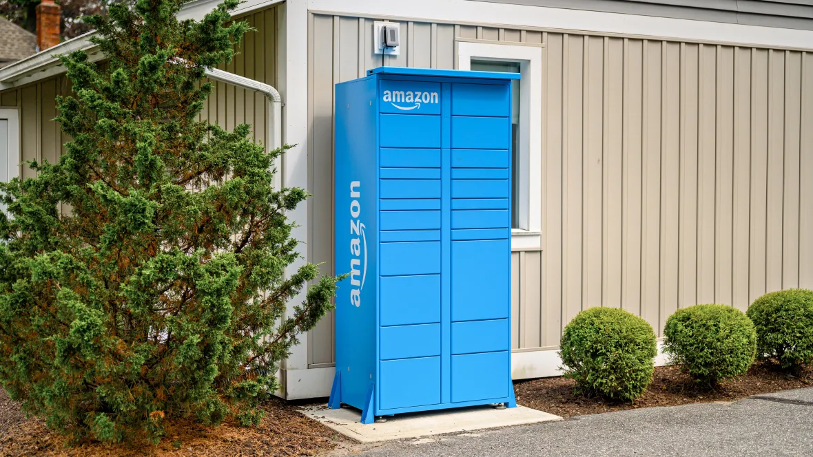 An blue Amazon Hub Locker, a secure and convenient package delivery system for residents, providing a seamless experience for package pickups and drop-offs.