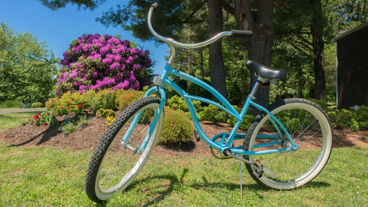 A blue bicycle outside standing in the grass with a lush landscape in the background.