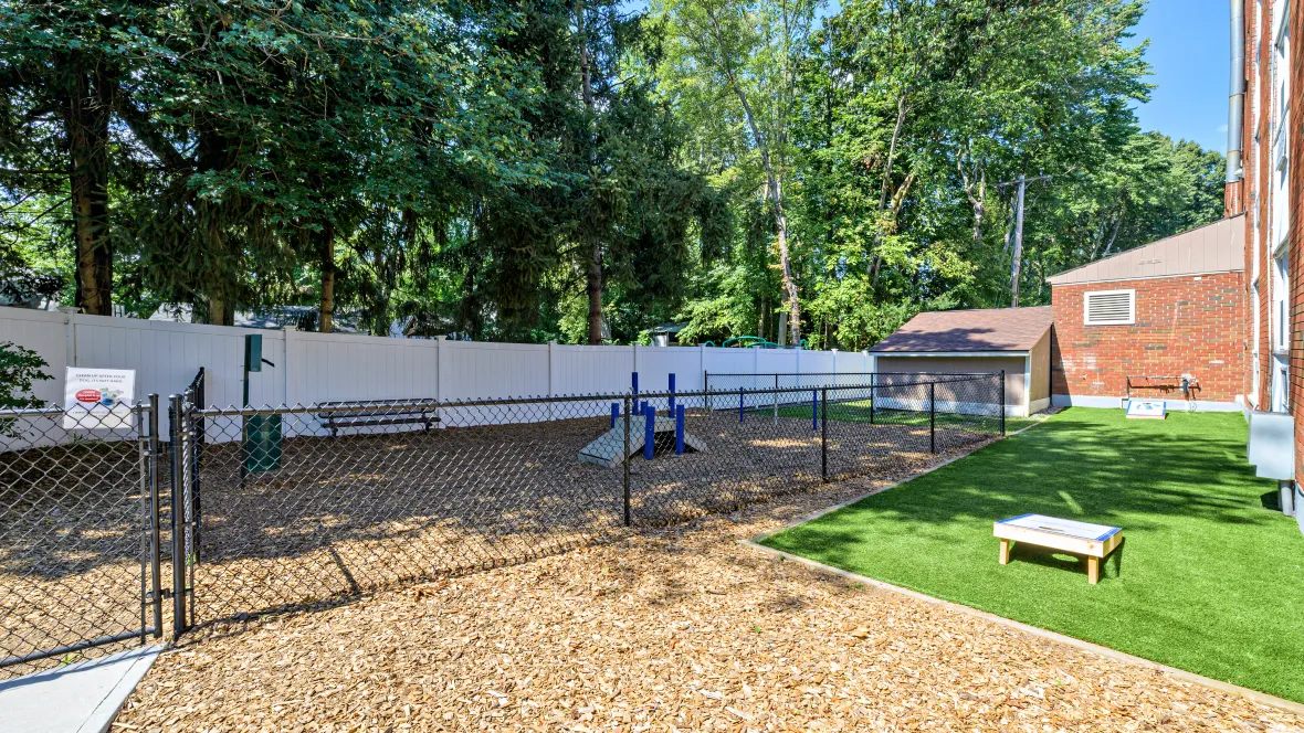 Our off-leash dog park covered with wood-chip mulch with agility equipment and our cornhole boards on a patch of green grass to the right of it.