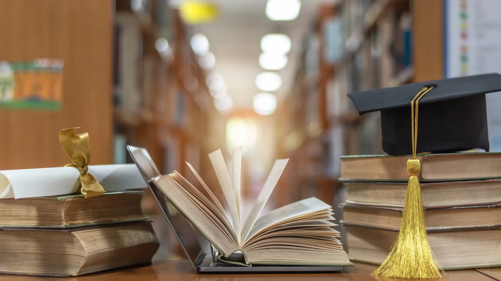 College library with books, a diploma, and graduation cap.