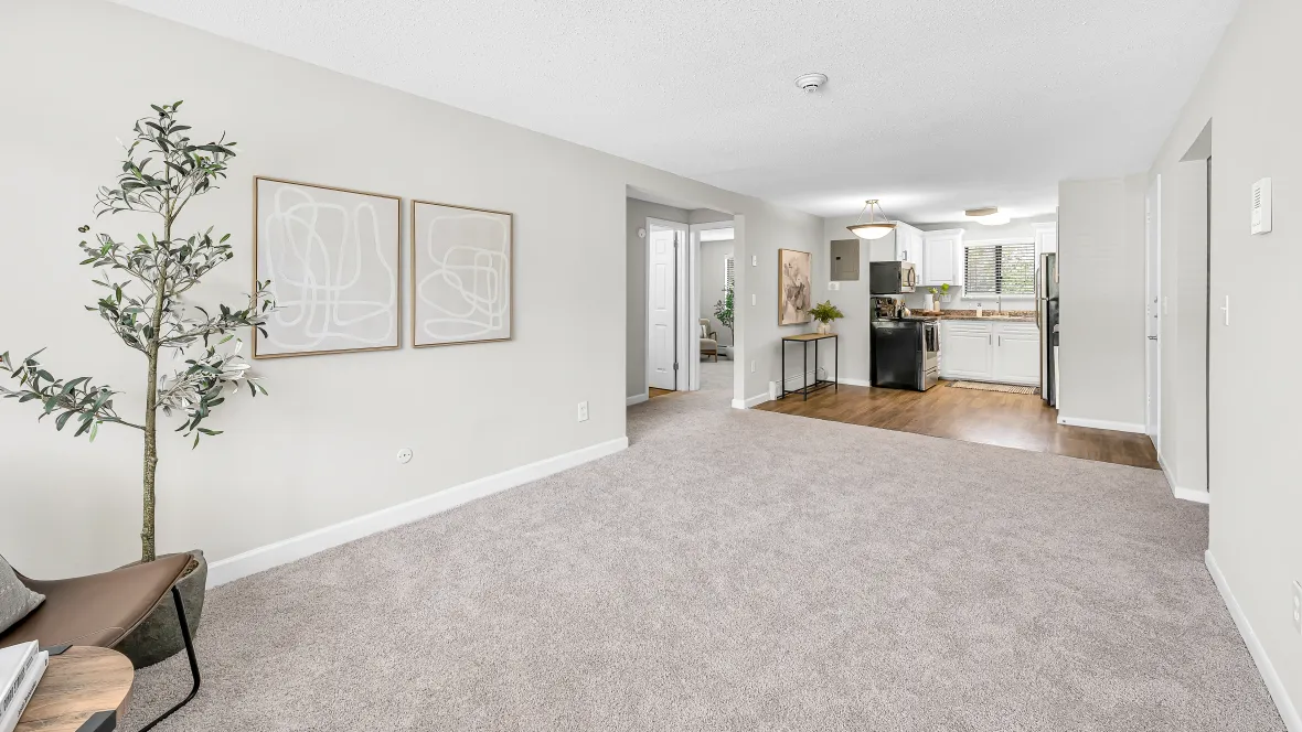 A roomy living room with plush carpeting, seamlessly transitioning into the kitchen and dining area, creating a harmonious and interconnected living space.