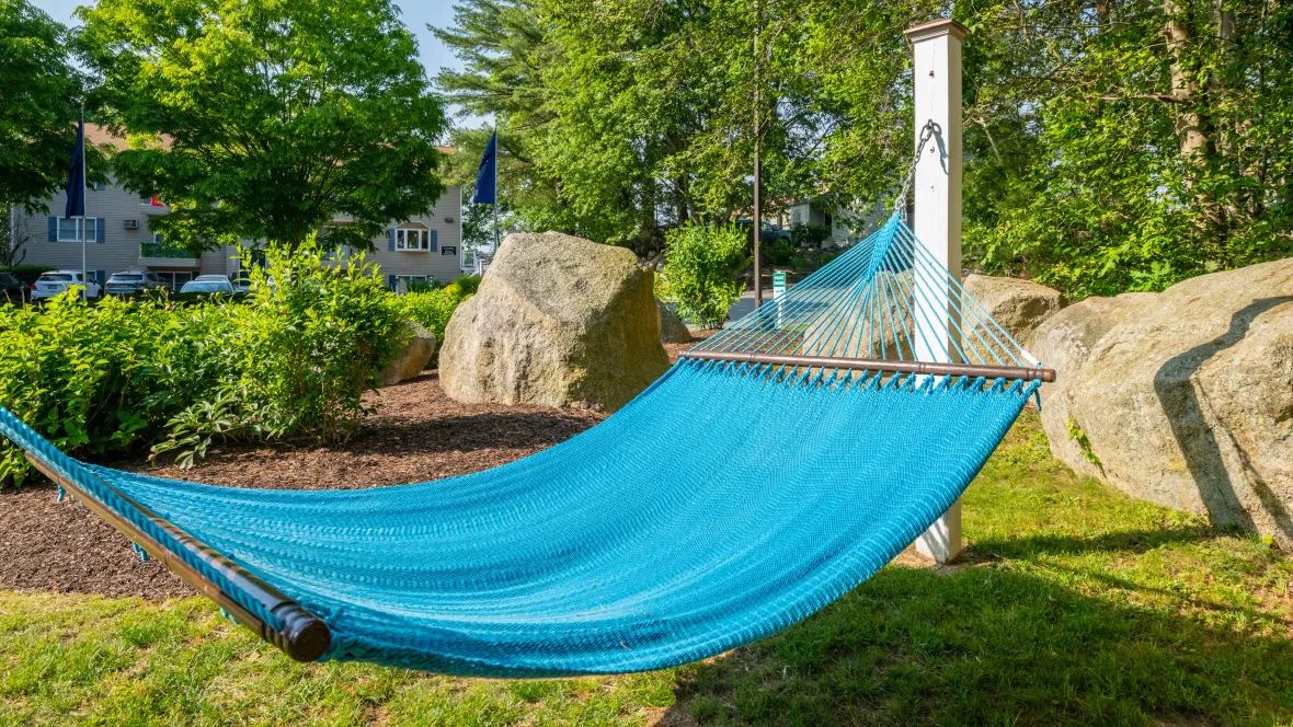 A hammock suspended in a serene landscape, embraced by towering trees and surrounding boulders for seclusion, creating a tranquil relaxation sanctuary.