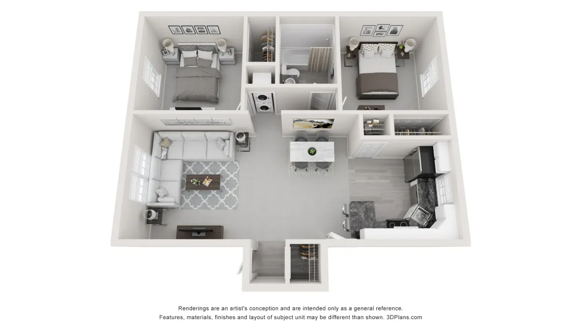 A 3D rendering of the New England floor plan, a 2 bedroom 1 bathroom