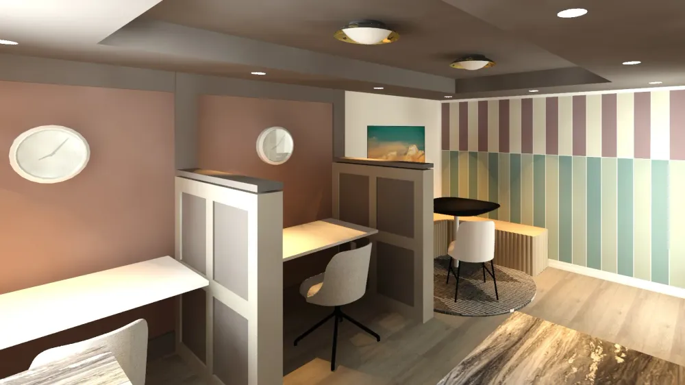 Rendering of Sugarloaf Estates’ new Work Hub with private study pods, modern chairs, and colorful accent wall.