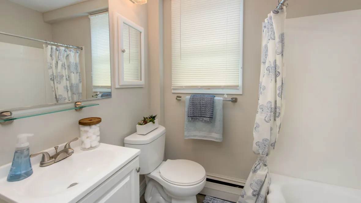 Inviting bathroom with wood-style flooring, large mirror, mirrored medicine cabinet, and ample natural light from a large window with blinds.