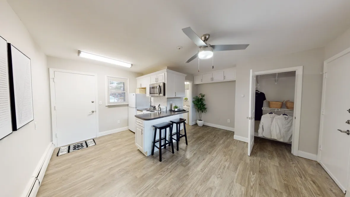 A comprehensive view of the studio living space, showcasing built-in cabinetry in multiple areas - off the kitchen and overhead bed space - along with a large closet equipped with shelving to comfortably fit your wardrobe.