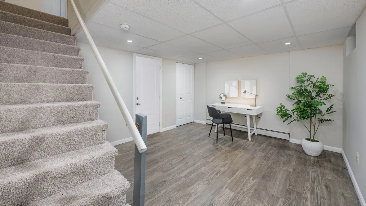 Carpeted stairs leading down from the living room to a finished basement with wood-style flooring throughout and a closet.