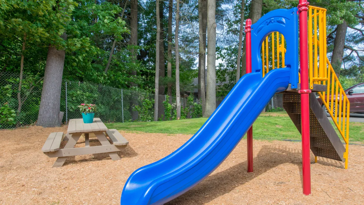 A charming playground with slide and a picnic table 