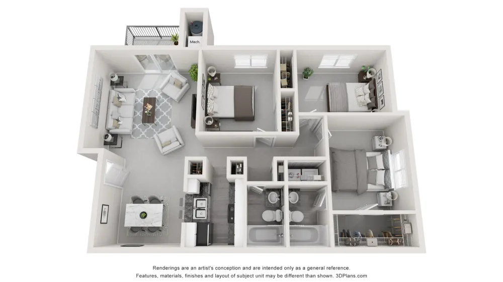 A 3D rendering of The Aries 3x2 floor plan.