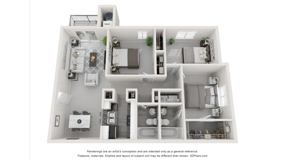 A 3D rendering of The Sagittarius 3x2 floor plan.