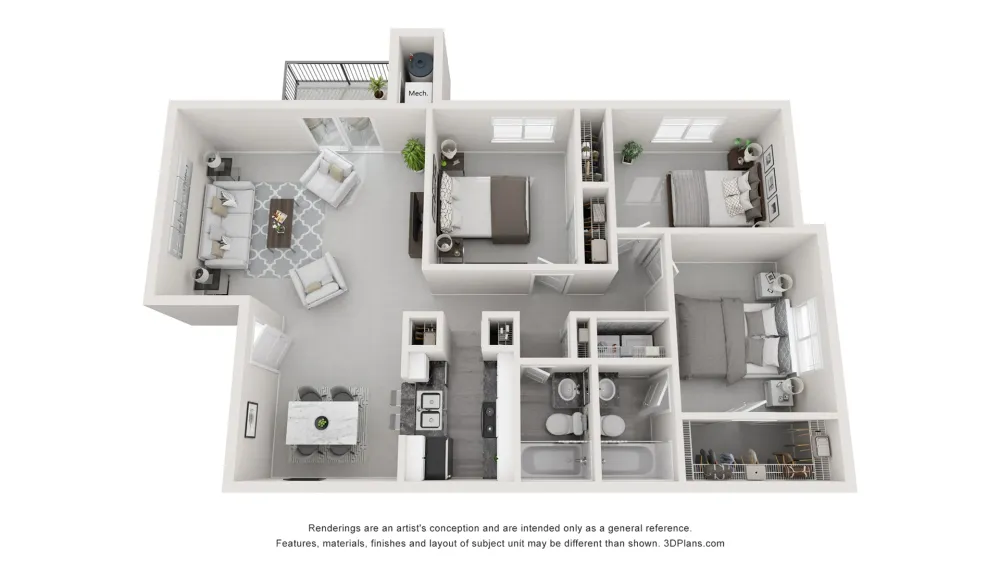 A 3D rendering of The Virgo 3x2 floor plan.