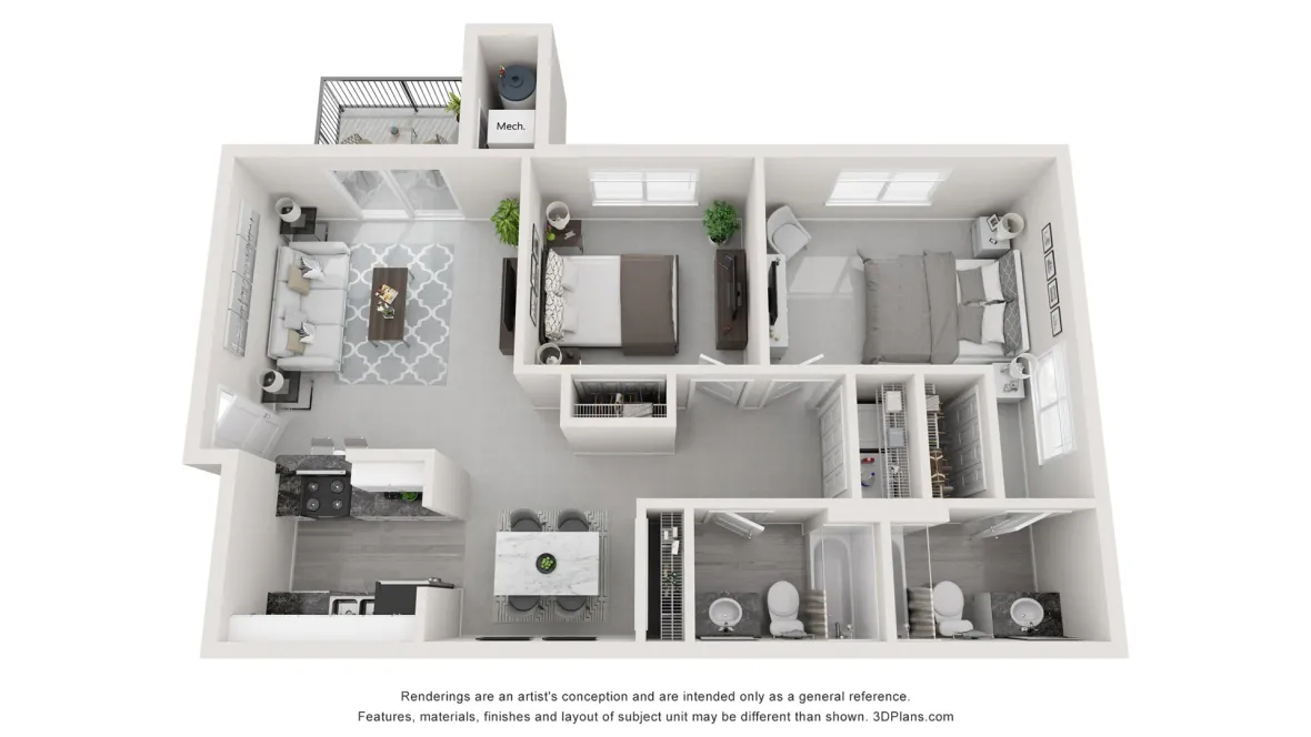 The Pisces floorplan offers two beds and two baths. 