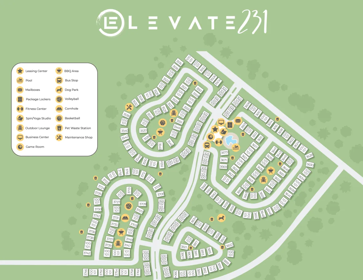 A property map of Elevate 231 showing the layout of the community.