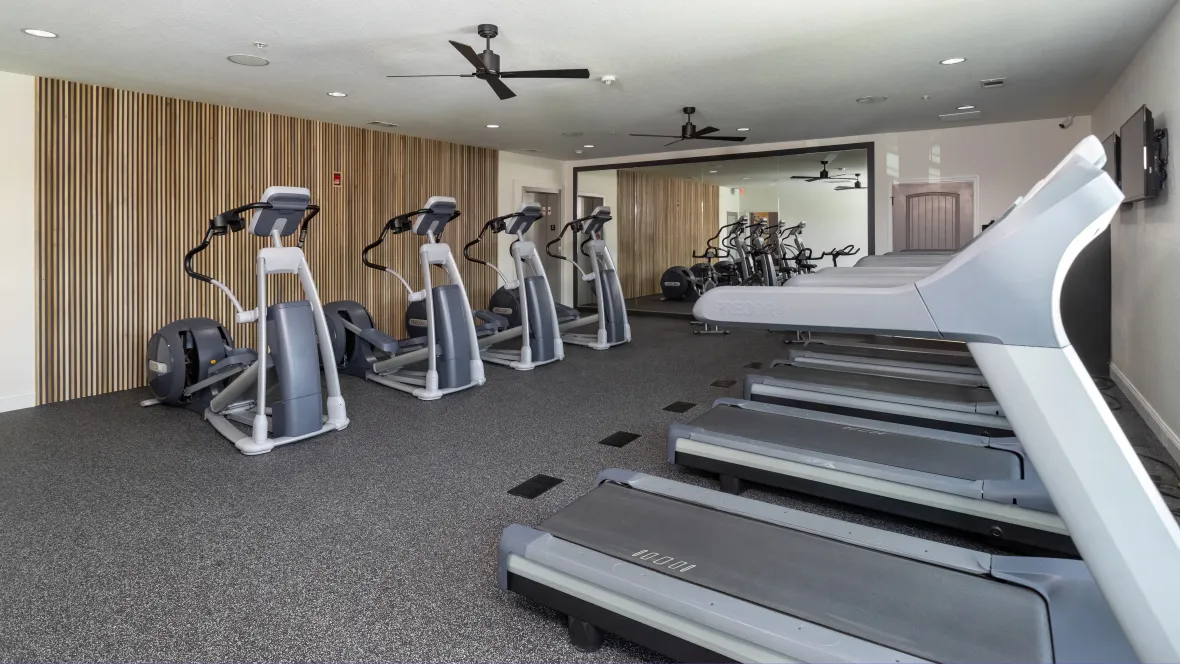 Four elliptical machines lining the wall, across from four treadmills lining the opposite wall in the cardio room in the 24-hour fitness center.