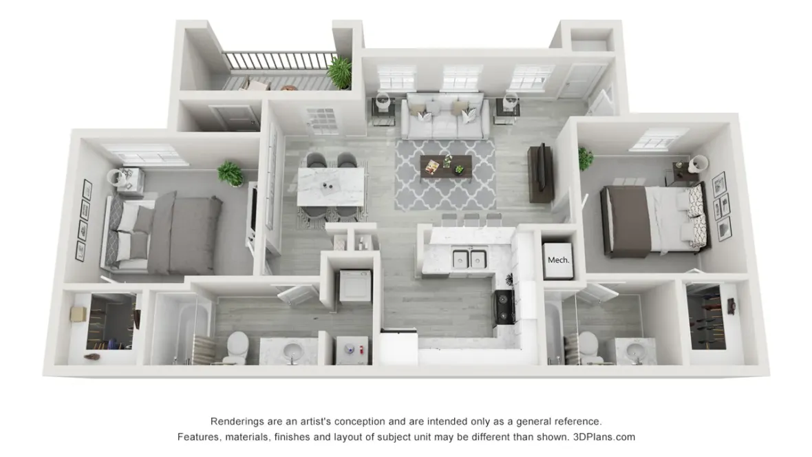 A 3D floor plan rendering of our 2 bedroom apartment