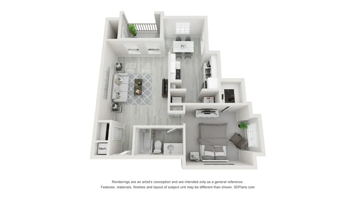 A 3D floor plan rendering of our one bedroom apartment