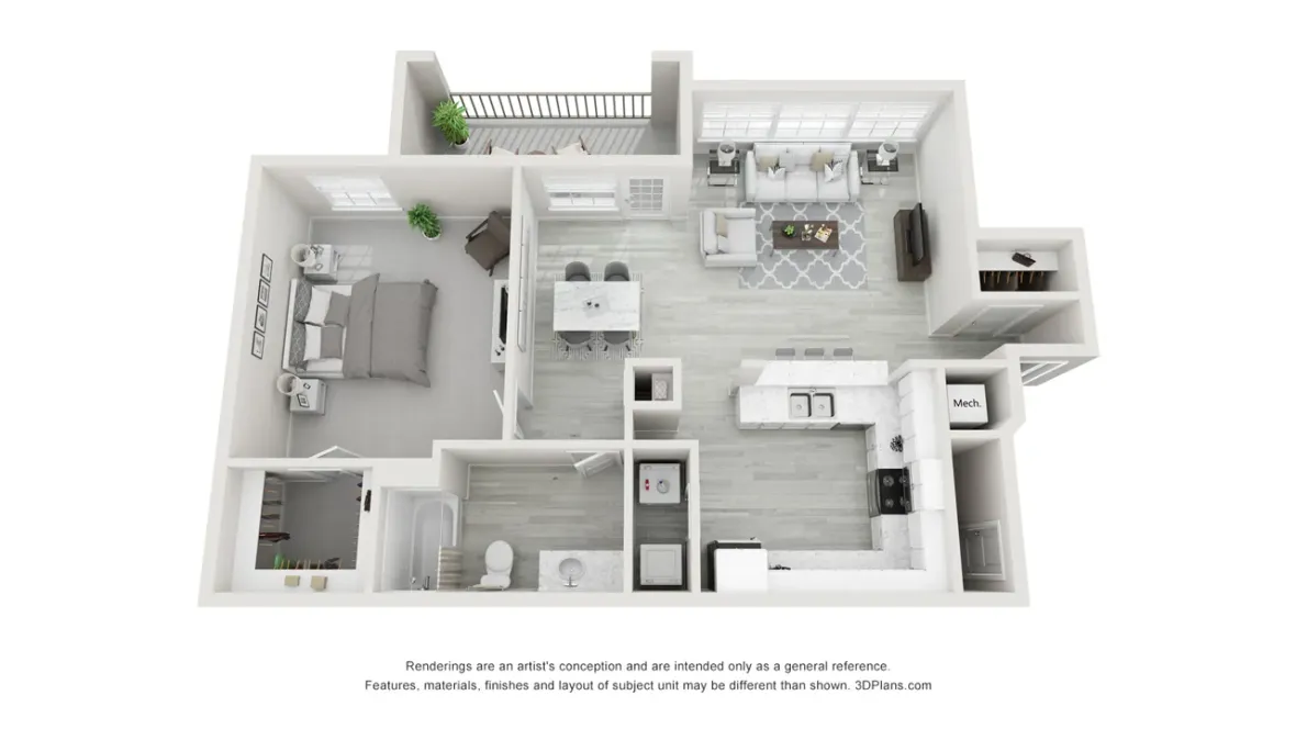 A 3D floor plan rendering of our one bedroom apartment