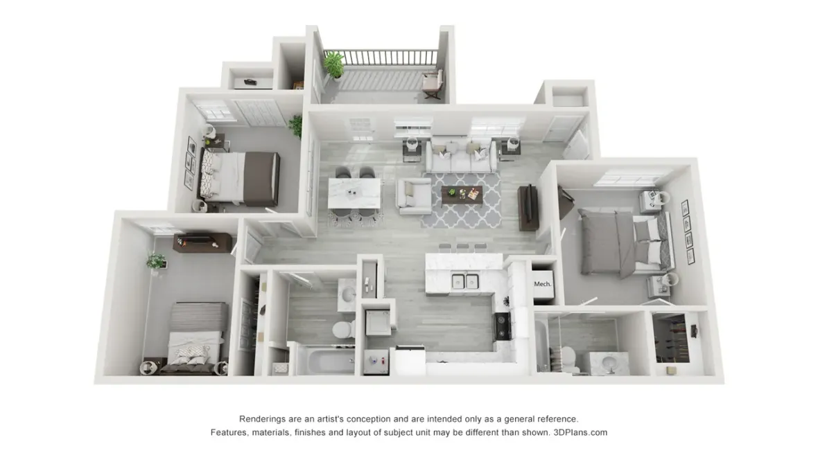 A 3D floor plan rendering of our three bedroom apartment
