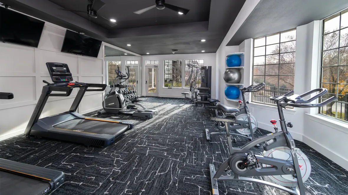 A vibrant, modern fitness hub with treadmills, ellipticals, free weights, weight machines, and spinning bikes with abundant windows promising natural lighting and intriguing views.