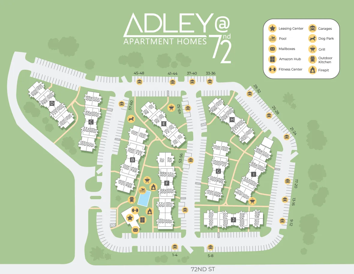 A property map of Adley at 72nd showing the layout of the community.