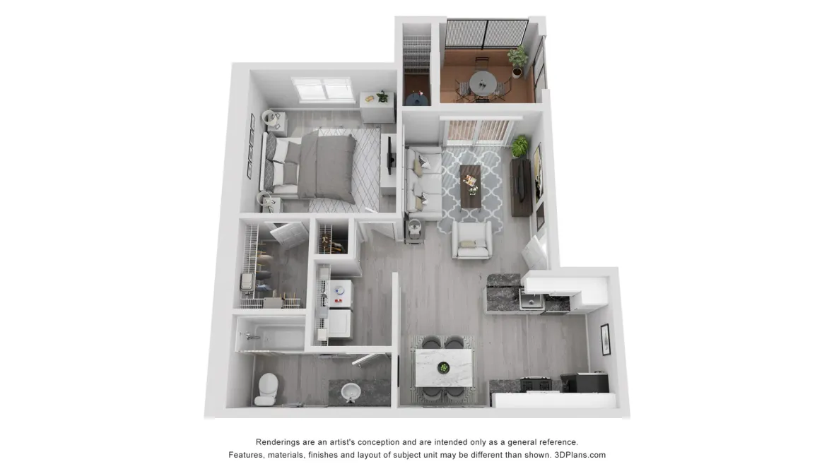 The Portrait floor plan offers one bedroom and one bath.
