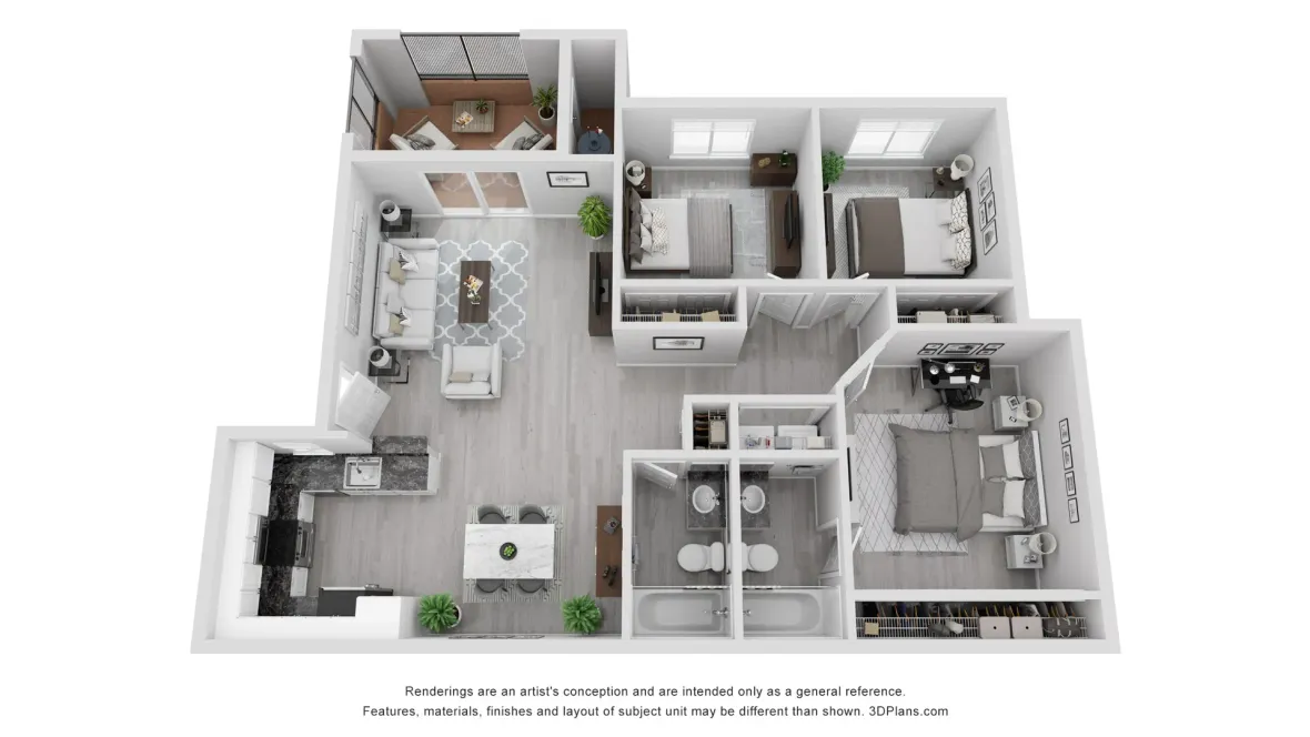 The Skyline floor plan offers three bedrooms and two baths.