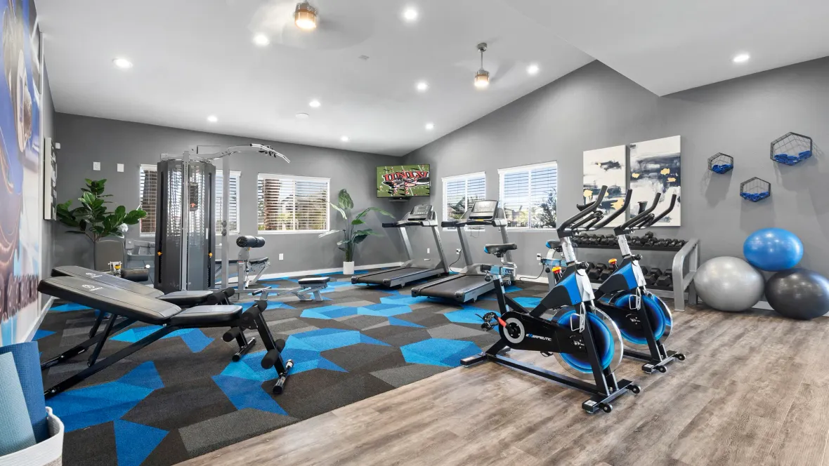 An updated resident gym offering a row of cardio machines in one section facing a wall of windows, with an arrangement of weight benches and a strength-training machine for a comprehensive workout on the opposite side.