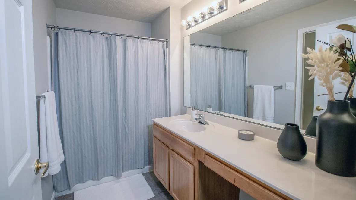 Restroom with wood-style flooring as well as generous mirror and countertop space.