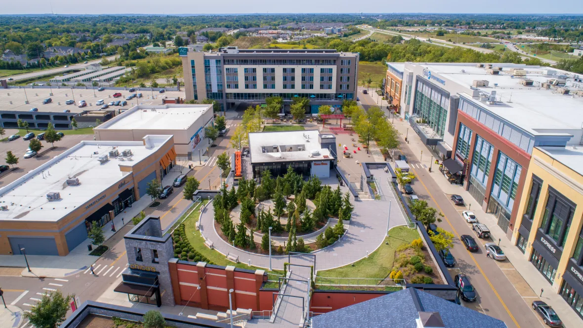 An aerial view of the shopping and dining options in Liberty Center in Monroe, Ohio