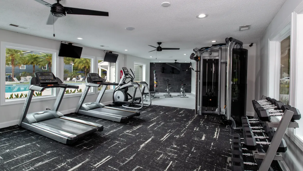 Zoomed-out view of the 24-hour fitness center, showcasing treadmills, elliptical, spin bikes, versatile weight machine, rack of medicine balls, and free weights.