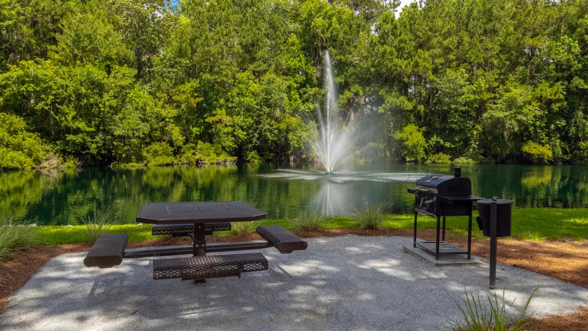 Lakeside picnic table and charcoal grill at Emerson Isles, offering residents a delightful outdoor space for gatherings with a scenic view of the lake.