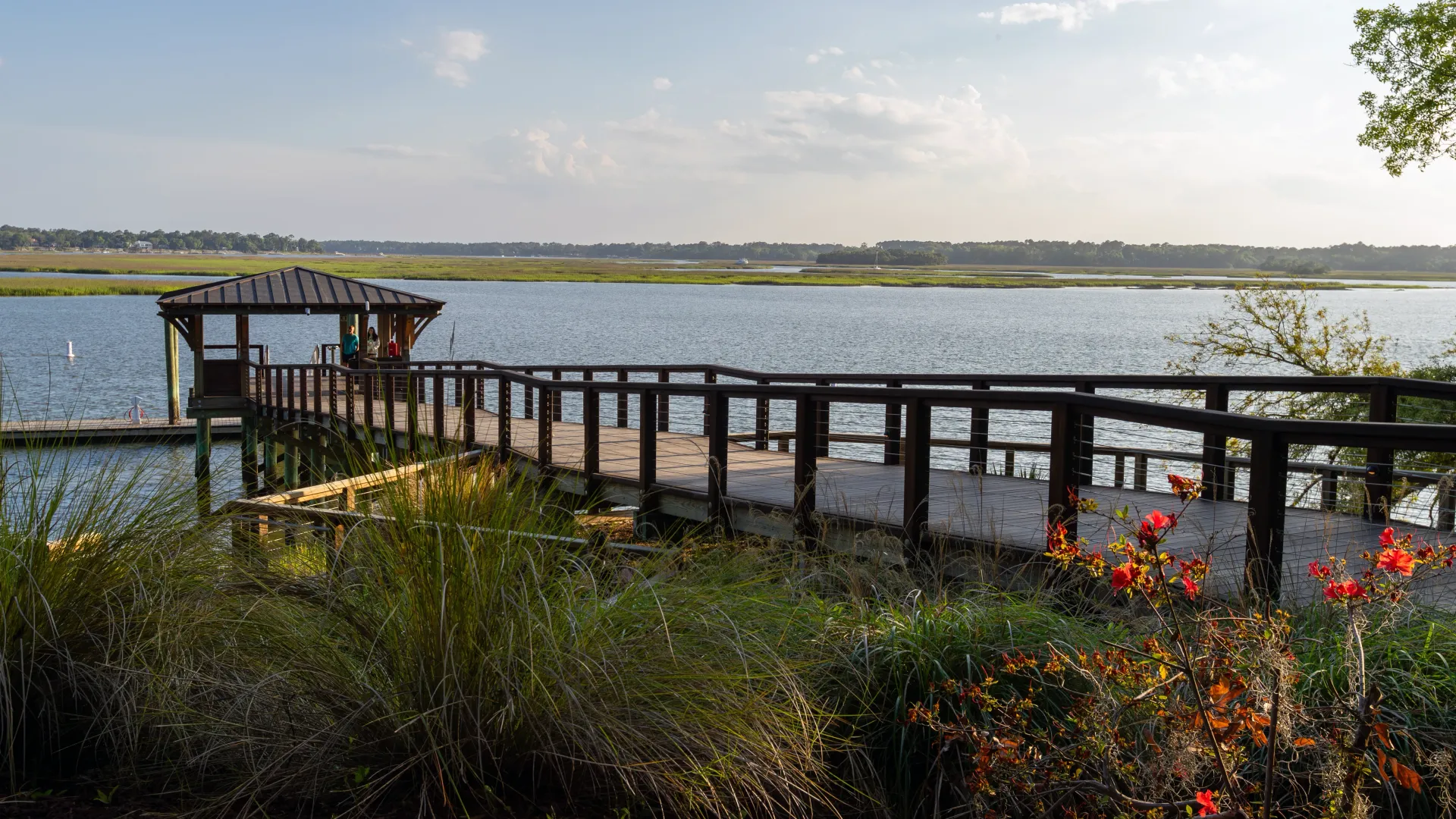 A fishing pier over a lake in Bluffton, SC