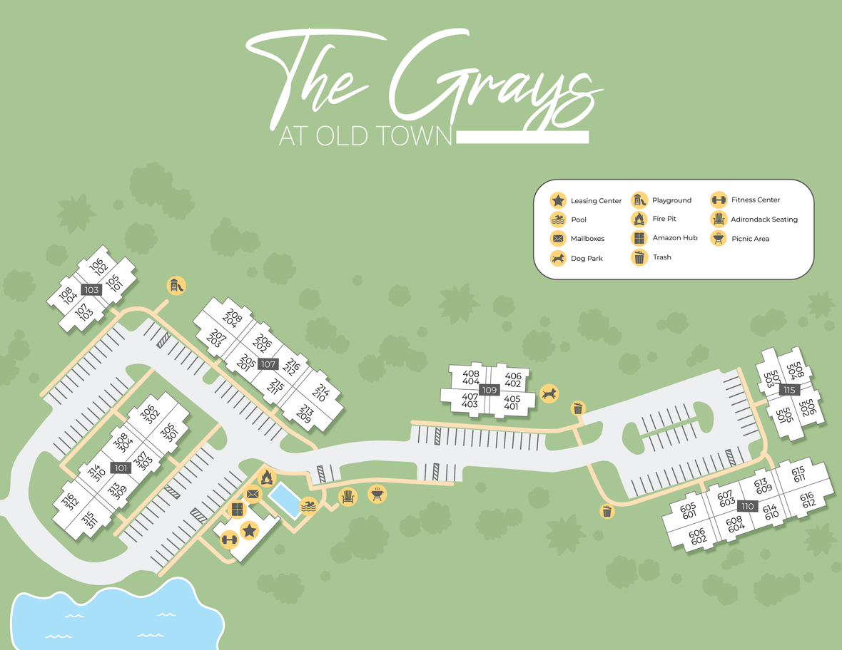 A property map of The Grays at Old Town showing the layout of the community.