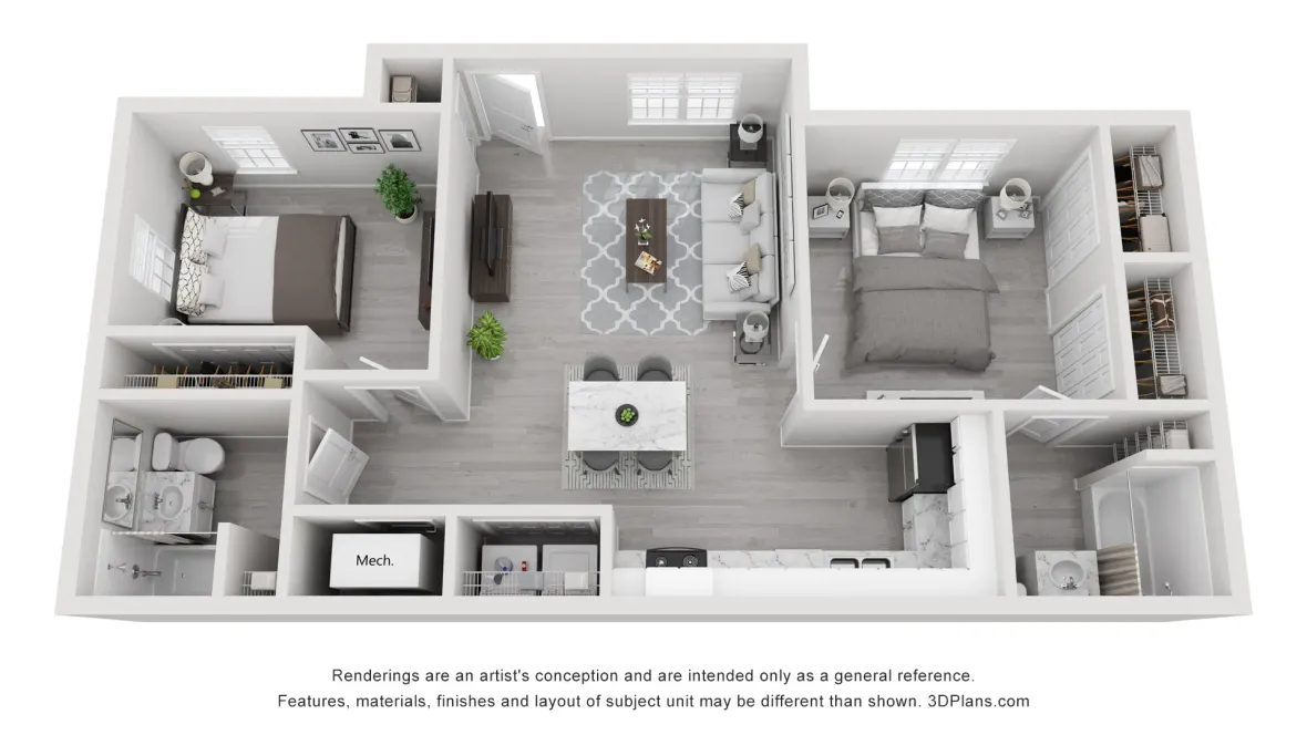 A 3D rendering of The Amick, our 2 bedroom 2 bathroom floor plan