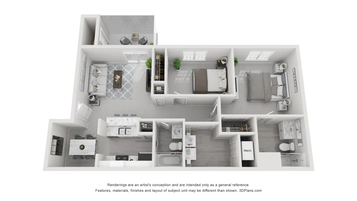 A 3D rendering of The Bickley, our 2 bedroom 2 bathroom floor plan