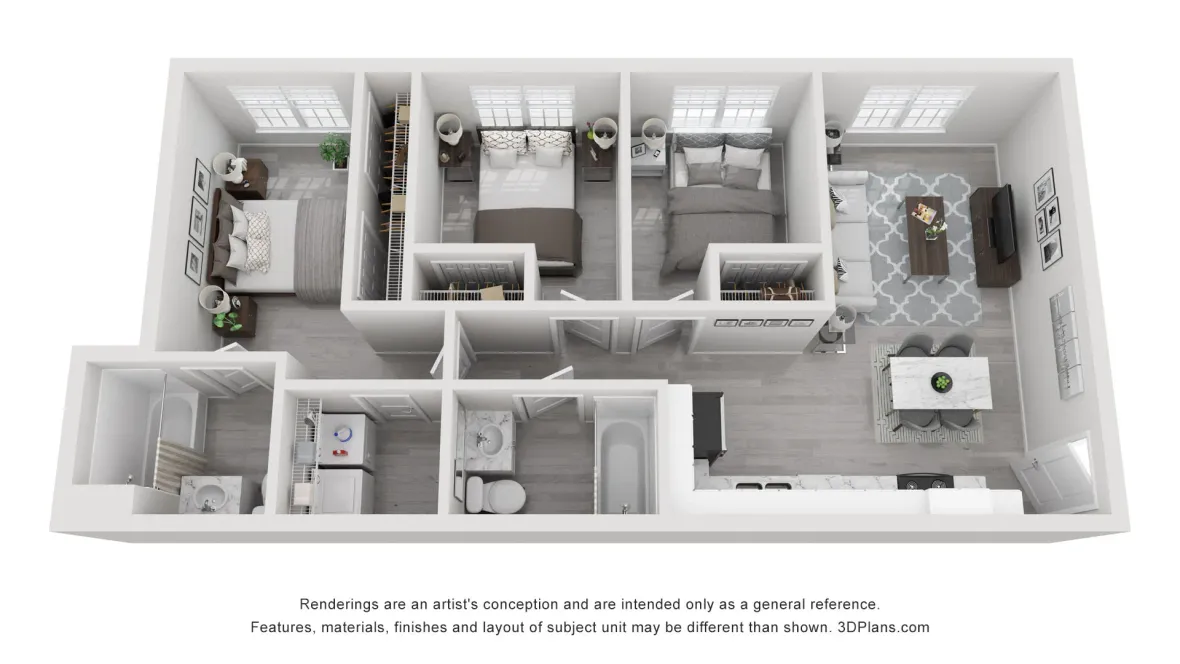A 3D rendering of The Dreher, our 3 bedroom 2 bathroom floor plan