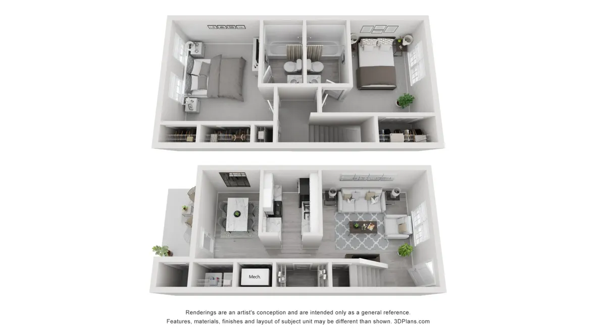 A 3D rendering of The Saluda, our 2 bedroom 2 bathroom floor plan