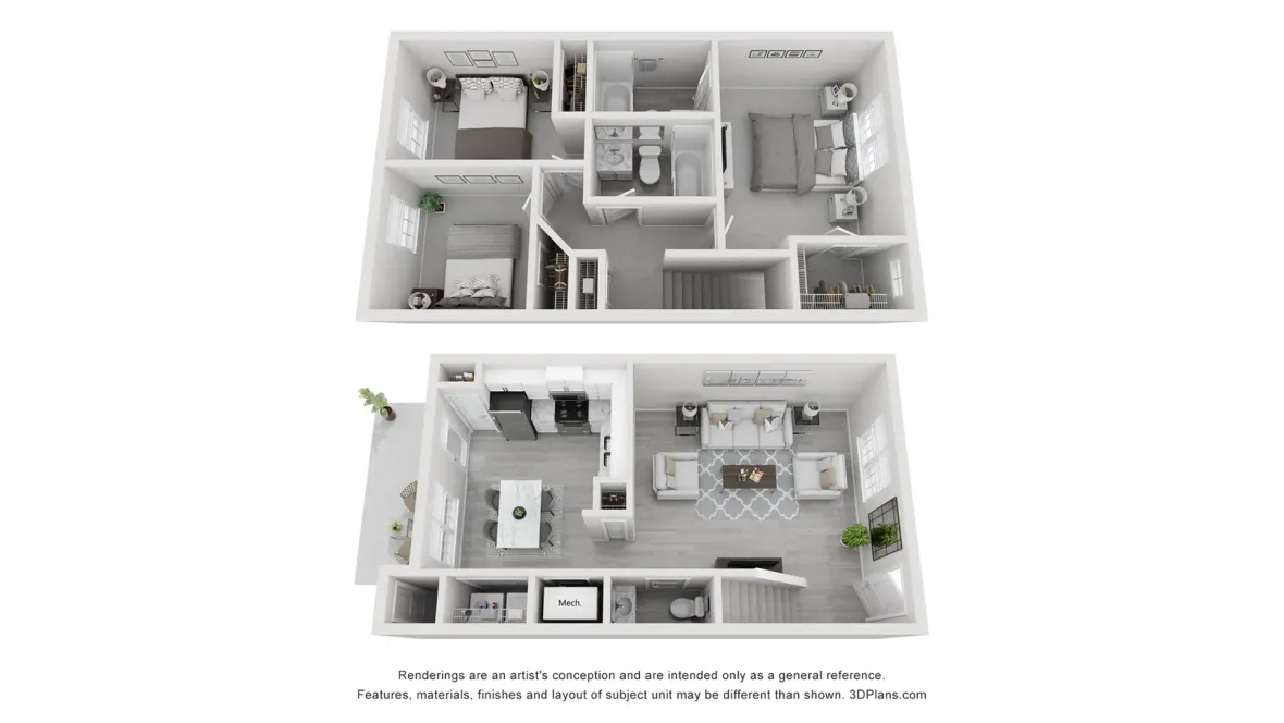 A 3D rendering of The Wessinger Plus, our 3 bedroom 2 bathroom floor plan