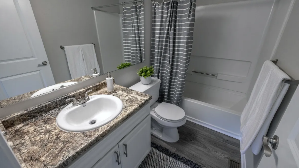 A chic restroom with generous granite-style countertops, deluxe wood-style flooring, a vast mirror, and a modern shower/tub combo.