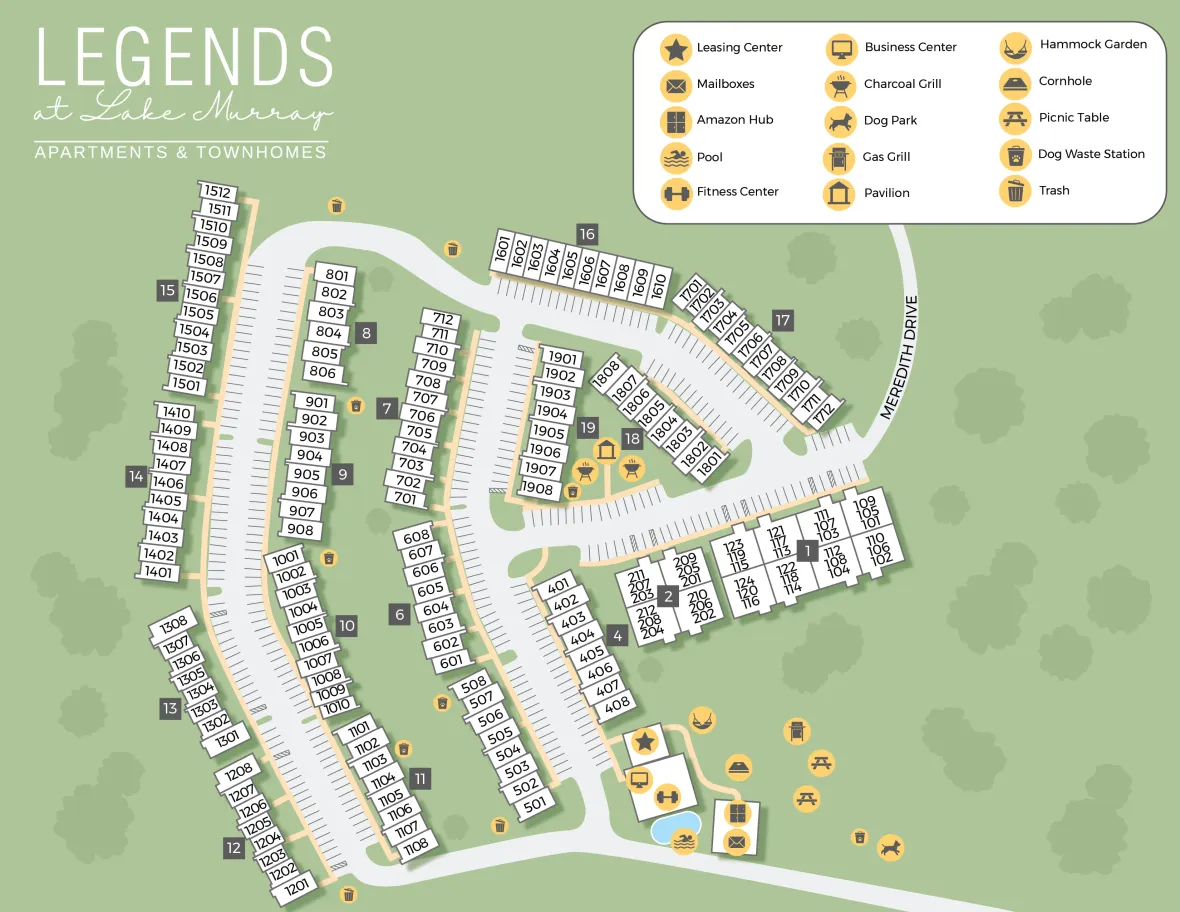 A map rendering of the Legends at Lake Murray apartment community in Columbia, SC.